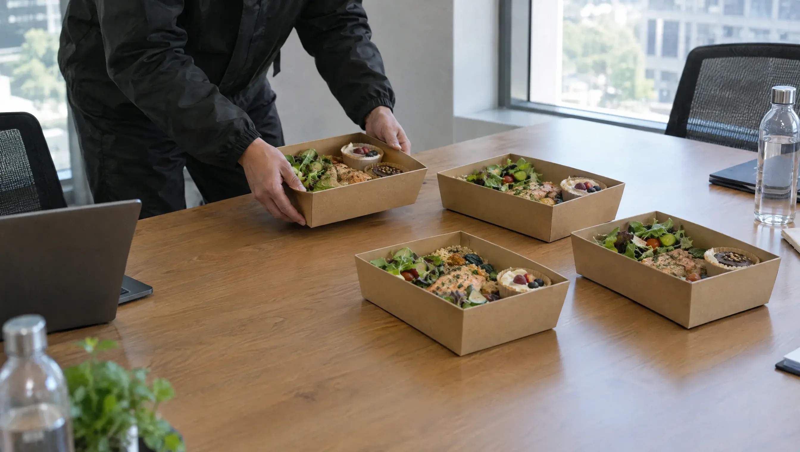 Plateaux repas livrés sur une table de réunion