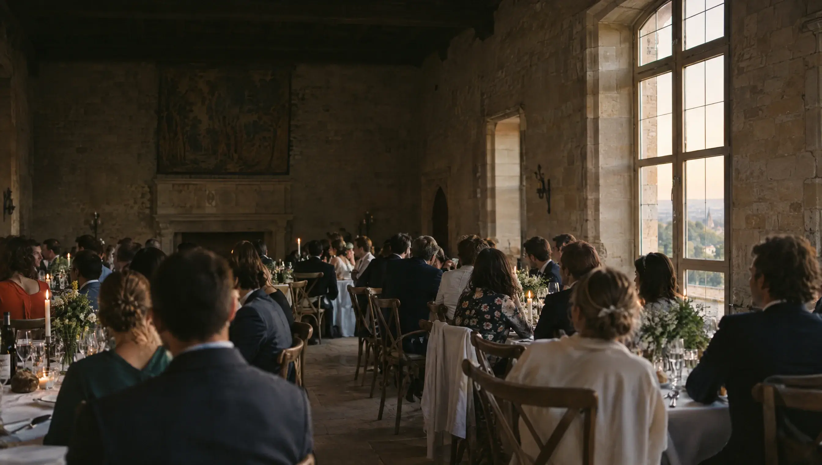 Dîner de mariage dans la grande salle en pierre d'un château